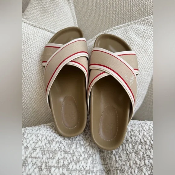 Christian Louboutin HOT CROSS BIZZ DONNA SLIDE SANDALS Ribbon/Napa 38.5 Zibeline - Picture 4 of 13